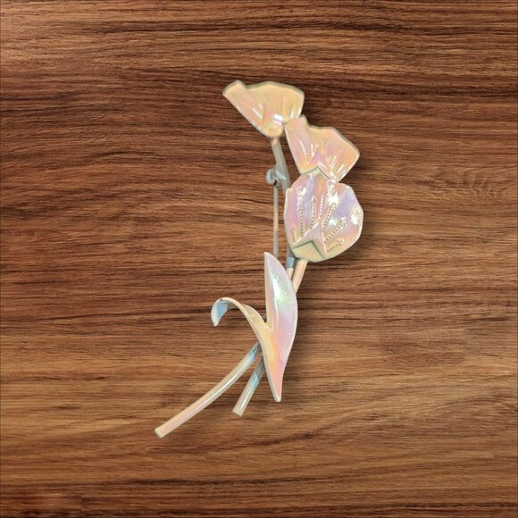 Iridescent Floral Brooch Pin Pastel Pink & Gold Enamel Embellished Tulip Design - Picture 2 of 8